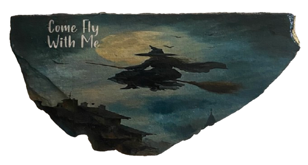 Antique West Virginia Roof Slate Decoupaged 6 Come Fly With Me Witch House Handmade Wall Art Unique Halloween Holiday Decoration Home Decor Gift {{ JAMsCraftCloset }}