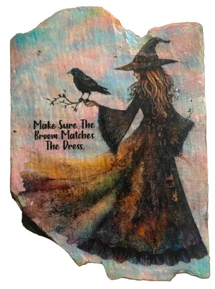Antique West Virginia Roof Slate Decoupaged 7 Make Sure The Broom Matches the Dress Handmade Wall Art Unique Halloween Holiday Decoration Home Decor Gift {{ JAMsCraftCloset }}