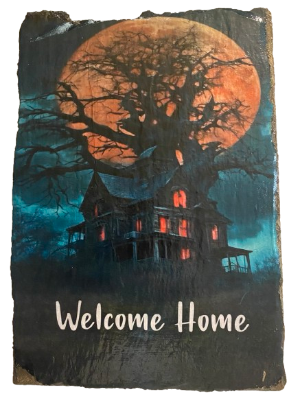 Antique West Virginia Roof Slate Decoupaged 3 Welcome Home - House on A Hill Handmade Wall Art Unique Halloween Holiday Decoration Home Decor Gift {{ JAMsCraftCloset }}