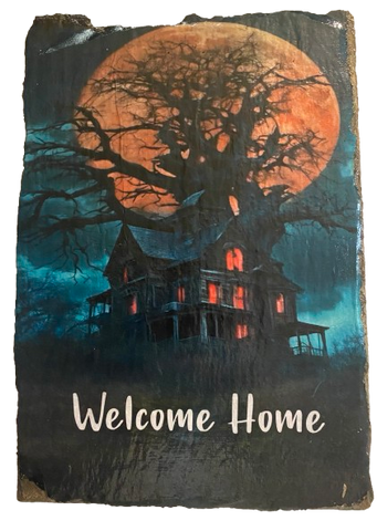 Antique West Virginia Roof Slate Decoupaged 3 Welcome Home - House on A Hill Handmade Wall Art Unique Halloween Holiday Decoration Home Decor Gift {{ JAMsCraftCloset }}