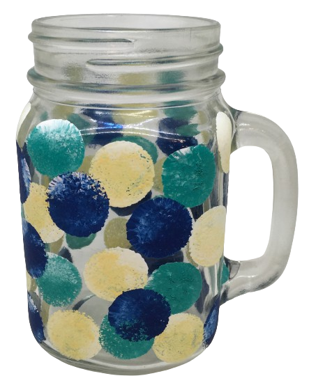 Mugs Mason Jar Hand Painted HAPPY DOTS Navy Teal Yellow Drinkware Barware Kitchen Decor Summer Gift Idea Unique One of a Kind {{ JAMsCraftCloset }}