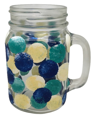 Mugs Mason Jar Hand Painted HAPPY DOTS Navy Teal Yellow Drinkware Barware Kitchen Decor Summer Gift Idea Unique One of a Kind {{ JAMsCraftCloset }}