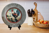 CHARGER PLATE GRAYISH BROWN WOODGRAIN PLASTIC ROUND - GOOD MORNING - ROOSTER - DECOUPAGE Upcycled Repurposed Wall Art or Shelf Sitter KITCHEN Home Decor Gift - JAMsCraftCloset