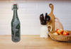 GLASS BOTTLE Green With Wire Cork Decoupaged GREEN WITH LACE AND PEARLS Shelf Sitter Home Decor Country Farmhouse Decor Wedding Decor Gift Idea - JAMsCraftCloset