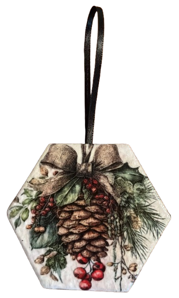 HEXAGON 3.25 by 3 Inch Ceramic Tile Decoupaged Ornaments Handmade Christmas Tree Ornament Package Decor Gift Idea Home Decor Unique - JAMsCraftCloset