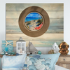PLATE CHARGER LIGHT BROWN WOOD GRAIN PLASTIC ROUND DECOUPAGED Upcycled Repurposed Wall Art or Shelf Sitter HAPPIEST BY THE SEA Beach Coastal Home Decor Gift - JAMsCraftCloset