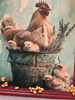 Vintage Wood Frame Decoupaged on Glass - Hen With Chicks in Pail Corn - Shelf Sitter Handmade Country Farm Decor Wall Art Gift - JAMsCraftCloset