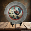 CHARGER PLATE GRAYISH BROWN WOODGRAIN PLASTIC ROUND - GOOD MORNING - ROOSTER - DECOUPAGE Upcycled Repurposed Wall Art or Shelf Sitter KITCHEN Home Decor Gift - JAMsCraftCloset