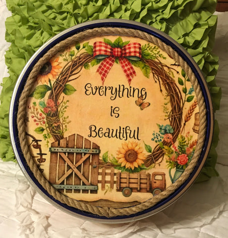 Tin Decoupaged Round Storage Tin Country Scenes EVERYTHING IS BEAUTIFUL Country Farmhouse Decor Handmade Gift Repurposed Upcycled- JAMsCraftCloset