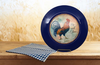 PLATE CHARGER NAVY BLUE PLASTIC ROUND DECOUPAGED Upcycled Repurposed Wall Art or Shelf Sitter RISE AND SHINE ROOSTER Decor Kitchen Decor Home Decor Wall Art Gift WEDDING - JAMsCraftCloset