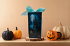 GLASS RECTANGLE BLOCK Halloween Decor Shelf Sitter Hand Painted Decoupaged HAUNTED HOUSES - REVERSIBLE Aqua Bow Gift Idea - JAMsCraftCloset