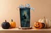 GLASS RECTANGLE BLOCK Halloween Decor Shelf Sitter Hand Painted Decoupaged FLYING WITCHES - REVERSIBLE Gray Sparkly Bow Gift Idea - JAMsCraftCloset