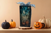 GLASS RECTANGLE BLOCK Halloween Decor Shelf Sitter Hand Painted Decoupaged PUMPKINS MOON BATS WITCH SAYING - REVERSIBLE Black Gold Dot Bow Gift Idea - JAMsCraftCloset