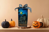 GLASS RECTANGLE BLOCK Halloween Decor Shelf Sitter Hand Painted Decoupaged HAUNTED HOUSES 2 Black Gold Dot Bow - REVERSIBLE Aqua Bow Gift Idea