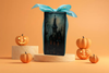 GLASS RECTANGLE BLOCK Halloween Decor Shelf Sitter Hand Painted Decoupaged HAUNTED HOUSES - REVERSIBLE Aqua Bow Gift Idea - JAMsCraftCloset