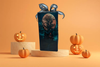 GLASS RECTANGLE BLOCK Halloween Decor Shelf Sitter Hand Painted Decoupaged HAUNTED HOUSES 2 Black Gold Dot Bow - REVERSIBLE Aqua Bow Gift Idea