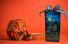 GLASS RECTANGLE BLOCK Halloween Decor Shelf Sitter Hand Painted Decoupaged HAUNTED HOUSES 2 Black Gold Dot Bow - REVERSIBLE Aqua Bow Gift Idea