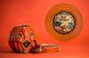 PLATE CHARGER ORANGE PLASTIC ROUND DECOUPAGED Upcycled Repurposed Wall Art or Shelf Sitter HAPPY HALLOWEEN PUMPKINS BAT MOUSE Halloween Decor Home Decor Gift {{ JAMsCraftCloset }}