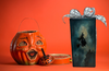 GLASS RECTANGLE BLOCK Halloween Decor Shelf Sitter Hand Painted Decoupaged FLYING WITCHES - REVERSIBLE Gray Sparkly Bow Gift Idea - JAMsCraftCloset
