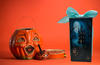 GLASS RECTANGLE BLOCK Halloween Decor Shelf Sitter Hand Painted Decoupaged HAUNTED HOUSES - REVERSIBLE Aqua Bow Gift Idea - JAMsCraftCloset