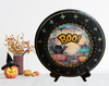CHARGER PLATE BLACK PLASTIC ROUND Halloweens DECOUPAGED Upcycled Repurposed Wall Art or Shelf Sitter BOO Holiday Home Decor Gift - JAMsCraftCloset