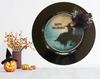 PLATE CHARGER BLACK PLASTIC ROUND DECOUPAGED Upcycled Repurposed Wall Art or Shelf Sitter WITCH ON LEDGE WITH BROOM Halloween Decor Home Decor Gift {{ JAMsCraftCloset }}