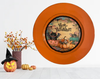 PLATE CHARGER ORANGE PLASTIC ROUND DECOUPAGED Upcycled Repurposed Wall Art or Shelf Sitter HAPPY HALLOWEEN PUMPKINS BAT MOUSE Halloween Decor Home Decor Gift {{ JAMsCraftCloset }}