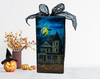 GLASS RECTANGLE BLOCK Halloween Decor Shelf Sitter Hand Painted Decoupaged HAUNTED HOUSES 2 Black Gold Dot Bow - REVERSIBLE Aqua Bow Gift Idea