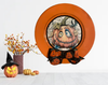 PLATE CHARGER ORANGE PLASTIC ROUND DECOUPAGED Upcycled Repurposed Wall Art or Shelf Sitter FUNKY PUMPKIN WITH BOW Halloween Decor Home Decor Gift {{ JAMsCraftCloset }}