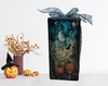 GLASS RECTANGLE BLOCK Halloween Decor Shelf Sitter Hand Painted Decoupaged PUMPKINS MOON BATS WITCH SAYING - REVERSIBLE Black Gold Dot Bow Gift Idea - JAMsCraftCloset