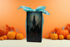 GLASS RECTANGLE BLOCK Halloween Decor Shelf Sitter Hand Painted Decoupaged HAUNTED HOUSES - REVERSIBLE Aqua Bow Gift Idea - JAMsCraftCloset