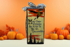 GLASS RECTANGLE BLOCK Halloween Decor Shelf Sitter Hand Painted Decoupaged PUMPKINS MOON BATS WITCH SAYING - REVERSIBLE Black Gold Dot Bow Gift Idea - JAMsCraftCloset