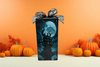 GLASS RECTANGLE BLOCK Halloween Decor Shelf Sitter Hand Painted Decoupaged HAUNTED HOUSES 3 - REVERSIBLE Black Gold Dot Bow Gift Idea - JAMsCraftCloset