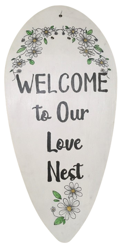 FAN BLADE Wall Art WELCOME TO OUR LOVE NEST Upcycled Repurposed Tear Shaped Ceiling Fan Blade Wall Art Hand Painted Pen and Ink Chalkboard on Back Handmade Home Decor Unique Gift Crafters Delight - JAMsCraftCloset