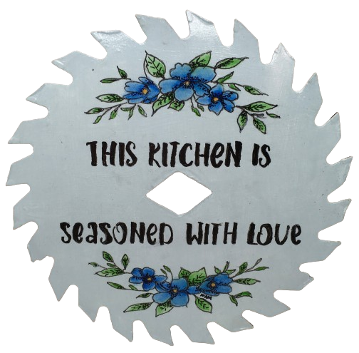 Vintage SAW BLADE Round Circular Upcycled Handmade Hand Painted Wall Art THIS KITCHEN SEASONED WITH LOVE Home Decor Saw Wall Hanging Sawblade Art Metal Art Blade Art Circular Saw Art Crafters Delight Unique Chef Gift Kitchen Decor - JAMsCraftCloset