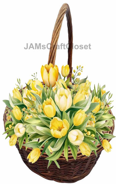 DIGITAL GRAPHIC DESIGN-Country-Floral-YELLOW TULIPS-Vintage-Basket 1-Sublimation-Download-Digital Print-Clipart-PNG-SVG-JPEG-Crafters Delight-Digital Art - JAMsCraftCloset