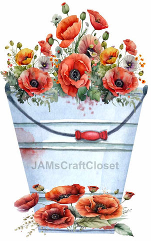 DIGITAL GRAPHIC DESIGN-Country-Floral-RED POPPIES-Vintage-Bucket 4-Sublimation-Download-Digital Print-Clipart-PNG-SVG-JPEG-Crafters Delight-Digital Art - JAMsCraftCloset