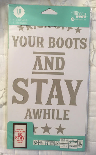 Plastic STENCIL - NEW - Kick Off Your Boots &amp; Stay Awhile 5-6”x10” &amp; 5-6”x6” Stencils By Hampton Art - 8.25" x 11.75" - Reusable Stencil - Happy Crafting - JAMsCraftCloset