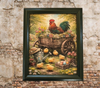 Vintage Wood Frame Decoupaged on Glass - Hen With Chicks in Wagon - Shelf Sitter Handmade Country Farm Decor Wall Art Gift - JAMsCraftCloset