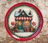 TRAY RED GREEN PLASTIC ROUND Decoupaged Hand Painted Upcycled Repurposed Wall Art CHRISTMAS LOLLIPOP HOUSE Home Decor Christmas Wall Art Shelf Sitter Gift - JAMsCraftCloset