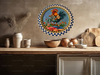 Metal Round RED, WHITE, and BLUE TRAY Farmhouse Country HEN WITH WATERING CAN Design Wall Art Country Farmhouse Decor Handmade Kitchen or Coffee Bar Decor Gift Idea &nbsp;- JAMsCraftCloset