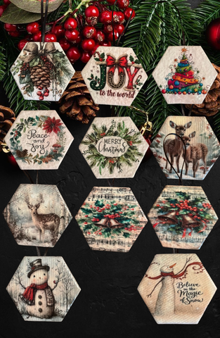 HEXAGON 3.25 by 3 Inch Ceramic Tile Decoupaged Ornaments Handmade Christmas Tree Ornament Package Decor Gift Idea Home Decor Unique - JAMsCraftCloset