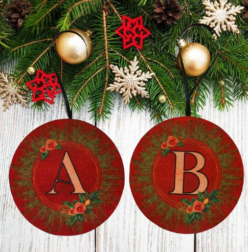 Christmas Personalized Ornament Handmade INITIAL RED PINK ROSE WREATH Large Round Wooden Sublimation Large Holiday Tree Decoration GIFT Crafters Delight -JAMsCraftCloset