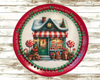 TRAY RED GREEN PLASTIC ROUND Decoupaged Hand Painted Upcycled Repurposed Wall Art CHRISTMAS LOLLIPOP HOUSE Home Decor Christmas Wall Art Shelf Sitter Gift - JAMsCraftCloset