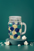 Mugs Mason Jar Hand Painted HAPPY DOTS Navy Teal Yellow Drinkware Barware Kitchen Decor Summer Gift Idea Unique One of a Kind - JAMsCraftCloset