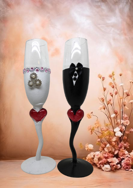 Stemware Glasses BRIDE and GROOM Champagne Toasting Glasses WEDDING Hand Painted Black and White With Bling and Heart Barware Bar Decor Drinkware Kitchen Decor Country Decor Gift One of a Kind - JAMsCraftCloset