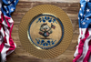PLATE CHARGER GOLD PLASTIC ROUND DECOUPAGED Upcycled Repurposed Wall Art or Shelf Sitter PATRIOTIC CHICK WITH FLAG 4TH OF JULY Decor Kitchen Decor Home Decor Wall Art Gift WEDDING
