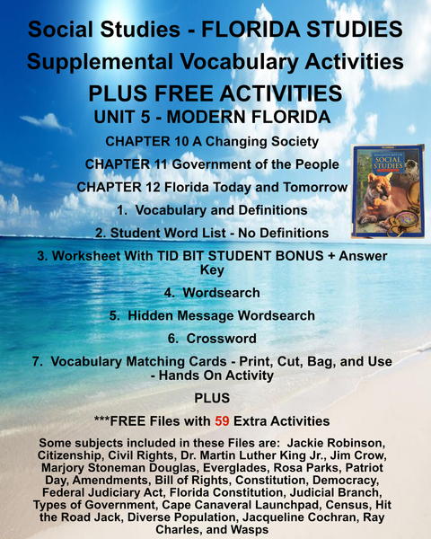 BUNDLE FLORIDA STUDIES Social Studies Houghton Mifflin UNIT 5 - MODERN FLORIDA -Teacher Resource Supplemental Vocabulary Activities - Chapters 10, 11 and 12-FREE Activities Included- JAMsCraftCloset