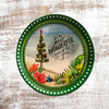 TRAY GREEN PLASTIC ROUND Decoupaged Hand Painted Upcycled Repurposed BEACH SCENE - MOST WONDERFUL TIME OF THE YEAR Home Decor Christmas Wall Art Shelf Sitter Gift - JAMsCraftCloset