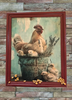 Vintage Wood Frame Decoupaged on Glass - Hen With Chicks in Pail Corn - Shelf Sitter Handmade Country Farm Decor Wall Art Gift - JAMsCraftCloset